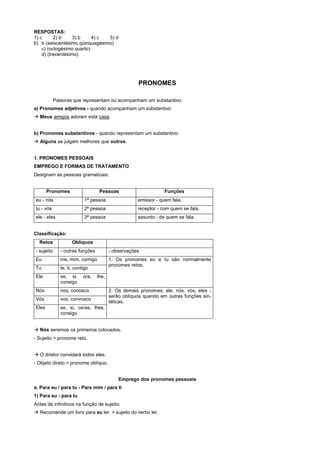 RESPOSTAS:
1) c      2) b     3) b    4) c 5) d
6) b (seiscentésimo qüinquagésimo)
    c) (octogésimo quarto)
    d) (trecentésimo)




                                                     PRONOMES

            Palavras que representam ou acompanham um substantivo.
a) Pronomes adjetivos - quando acompanham um substantivo:
! Meus amigos adoram esta casa.


b) Pronomes substantivos - quando representam um substantivo:
! Alguns se julgam melhores que outros.


1. PRONOMES PESSOAIS
EMPREGO E FORMAS DE TRATAMENTO
Designam as pessoas gramaticais:


       Pronomes                    Pessoas                       Funções
eu - nós                    1ª pessoa                emissor - quem fala.
tu - vós                    2ª pessoa                receptor - com quem se fala.
ele - eles                  3ª pessoa                assunto - de quem se fala.


Classificação:
  Retos              Oblíquos
- sujeito      - outras funções          - observações
Eu             me, mim, comigo           1. Os pronomes eu e tu são normalmente
                                         pronomes retos.
Tu             te, ti, contigo
Ele            se, si,     o/a,   lhe,
               consigo
Nós            nos, conosco              2. Os demais pronomes: ele, nós, vós, eles -
                                         serão oblíquos quando em outras funções sin-
Vós            vos, convosco
                                         táticas.
Eles           se, si, os/as, lhes,
               consigo


! Nós seremos os primeiros colocados.
- Sujeito > pronome reto.


! O diretor convidará todos eles.
- Objeto direto > pronome oblíquo.


                                             Emprego dos pronomes pessoais
a. Para eu / para tu - Para mim / para ti
1) Para eu - para tu
Antes de infinitivos na função de sujeito:
! Recomende um livro para eu ler. > sujeito do verbo ler.
 