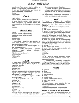 www.DigitalApostilas.com

                             LÍNGUA PORTUGUESA
assentimento. Pode também exprimir dúvida ou               Ex.: A cidade onde estive vários dias...
reserva. Ex.: Pois sim! Não quiseste participar...         O advérbio onde indica estada, permanência
4) pois não - locução adverbial que exprime de             em algum lugar; aonde indica movimento para
forma cortês, idéia de consentimento                       um lugar. Ex.: Não sei onde estou, nem aonde
5) certo                                                   irei.
6) certamente.                                         15) exteriormente, interiormente, lateralmente e
                   DÚVIDA                                  outros advérbios terminados em mente.
1) por ventura
2) quiçá - significa talvez, quem sabe, porventura                           MODO
3) talvez - quando precede o verbo, este advérbio      1)     acinte  -    significa “de      propósito”,
exige o subjuntivo, e o indicativo quando vem          “deliberadamente”. É também substantivo indicando
posposto ao verbo. Ex.: Talvez queiram tomar outro     propósito de fazer alguma coisa, procedimento
rumo.                                                  consciente.
4) acaso.                                              2) adrede - significa “de caso pensado”, “de propósito”.
                                                       3) ainda
                                                       4) alerta - significa atentamente.
               INTENSIDADE                             5) apenas - etimologicamente significa “penosamente”,
1) algo                                                “com dificuldade”. Ex.: Apenas conseguia abrir os olhos.
2) assaz - (bastante, suficientemente)                         Apenas e mal são advérbios que passam a ser
3) bastante - (muito, suficientemente)                 conjunções subordinativas temporais, quando ligam
4) demais                                              duas orações. Ex.: O trem saiu, apenas eu cheguei. Mal
5) muito, pouco                                        tocou a sineta, o professor deixou a classe.
6) mais, menos                                         6) assim. Esse advérbio entra em expressões como:
7) meio, metade - substantivos que funcionam às        assim e assim (mais ou menos); como assim (locução
vezes como advérbio. Ex.: Estava meio louco,           adverbial que denota espanto); assim como assim (seja
quando tomou aquela atitude.                           como for, de qualquer modo).
8) que - é advérbio quando modifica adjetivo. Ex.:     7) bem, mal
Que bela é aquela jovem!                               8) cerce - significa rente, pela raiz.
                                                       9) como - além de sua função de advérbio, pode
9) quase - significa “por pouco”, a pequena
                                                       também exercer função conjuntiva.
distância”,       “com         pouca   diferença”,
                                                       10) depressa
“aproximadamente”.                                     11) rente
10) sobremaneira, sobremodo                            12) também
11) tanto, quanto                                      13) devagar
12) tão e quão                                         14) só - além de advérbio, significando somente,
13) todo.                                              unicamente, só pode também ser adjetivo, com a
                                                       significação de sozinho.
                    LUGAR                                      Mente é o único sufixo adverbial que possuímos
1) abaixo, acima. Às vezes vem colocado após o         na língua portuguesa. Para a formação de advérbios é
substantivo, com grande efeito e elegância. Ex.:       acrescentado ao adjetivo flexionado na forma feminina.
Correu pela rua abaixo.                                Ex.: bondosamente, precipitadamente, absolutamente.
2) adentro, afora
3) adiante, atrás                                                           TEMPO
4) além, aquém                                         1) agora, ora
5) alhures, algures, nenhures. Algures é uma palavra   2) ainda
cognata de algum e significa “em algum lugar:, “em     3) antes, depois
alguma parte”. Ex.: Ele estará algures.                4) cedo, tarde, logo
        Nenhures contrapõe-se a algures e significa    5) então
“em nenhum lugar.                                      6) entrementes, já
        Alhures significa “em outro lugar”.            7) quando - significa “tempo em que”
6) aqui, aí, ali                                       8) ontem, hoje, amanhã
7) arriba. Avante                                      9) outrora
8) cá, lá e acolá                                      10) nunca, jamais - estes advérbios têm valor
9) defronte, atrás                                     negativo, significando “em tempo nenhum”.
10) dentro, fora                                       11) sempre
11) em cima, embaixo                                   12) primeiro, primeiramente, secundariamente...
12) junto
13) longe, perto                                       COLOCAÇÃO E GRAU DOS ADVÉRBIOS
14) onde, aonde. O primeiro pode ser advérbio                Embora faltem ao advérbio as flexões de
     relativo com antecedente expresso ou latente.     gênero e número, possui ele a flexão de grau,

                                                                                                            37
 