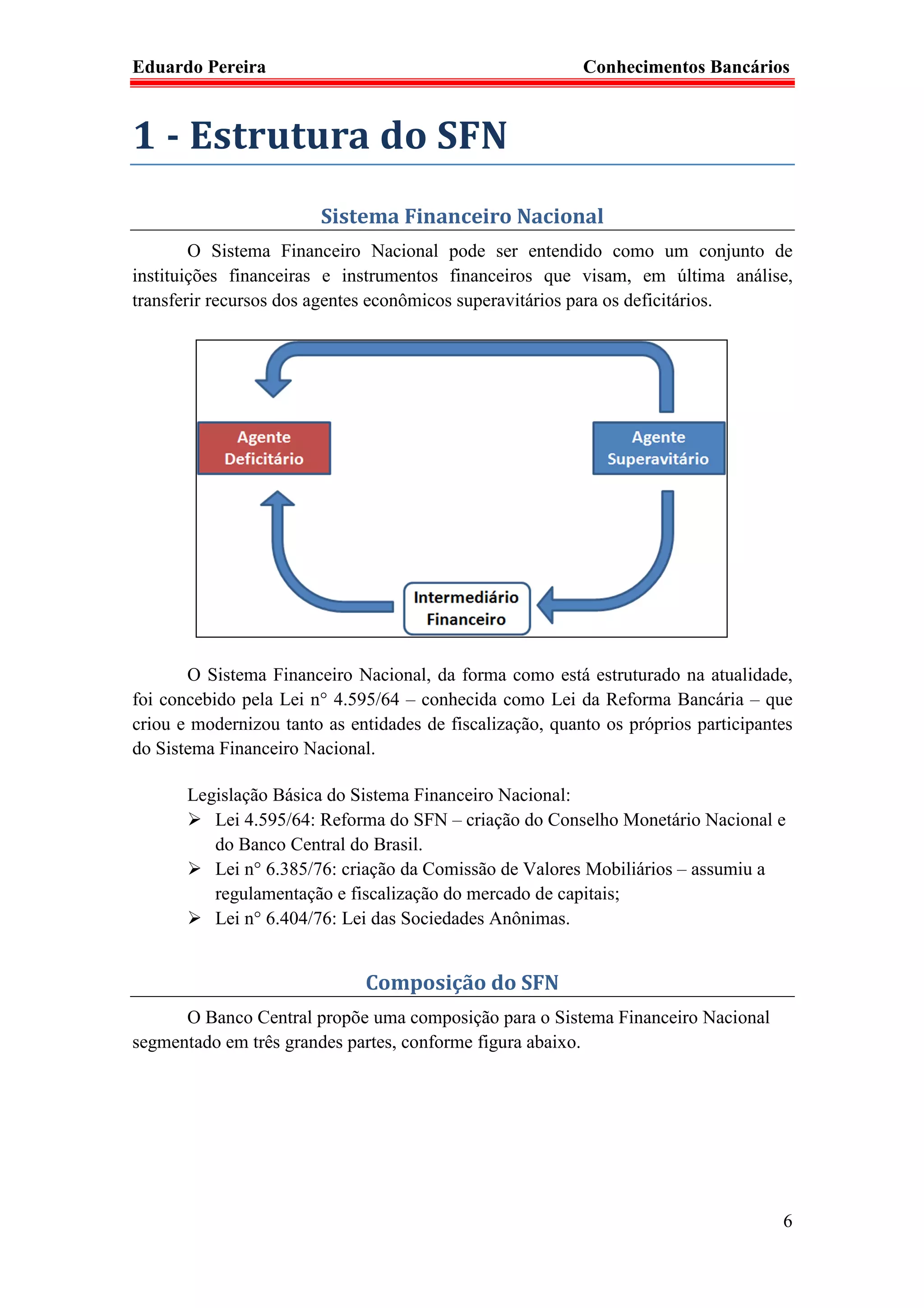 Eduardo Pereira                                            Conhecimentos Bancários



1 - Estrutura do SFN
                        Sistema Financeiro Nacional
        O Sistema Financeiro Nacional pode ser entendido como um conjunto de
instituições financeiras e instrumentos financeiros que visam, em última análise,
transferir recursos dos agentes econômicos superavitários para os deficitários.




       O Sistema Financeiro Nacional, da forma como está estruturado na atualidade,
foi concebido pela Lei n° 4.595/64 – conhecida como Lei da Reforma Bancária – que
criou e modernizou tanto as entidades de fiscalização, quanto os próprios participantes
do Sistema Financeiro Nacional.

       Legislação Básica do Sistema Financeiro Nacional:
          Lei 4.595/64: Reforma do SFN – criação do Conselho Monetário Nacional e
          do Banco Central do Brasil.
          Lei n° 6.385/76: criação da Comissão de Valores Mobiliários – assumiu a
          regulamentação e fiscalização do mercado de capitais;
          Lei n° 6.404/76: Lei das Sociedades Anônimas.


                              Composição do SFN
      O Banco Central propõe uma composição para o Sistema Financeiro Nacional
segmentado em três grandes partes, conforme figura abaixo.




                                                                                     6
 