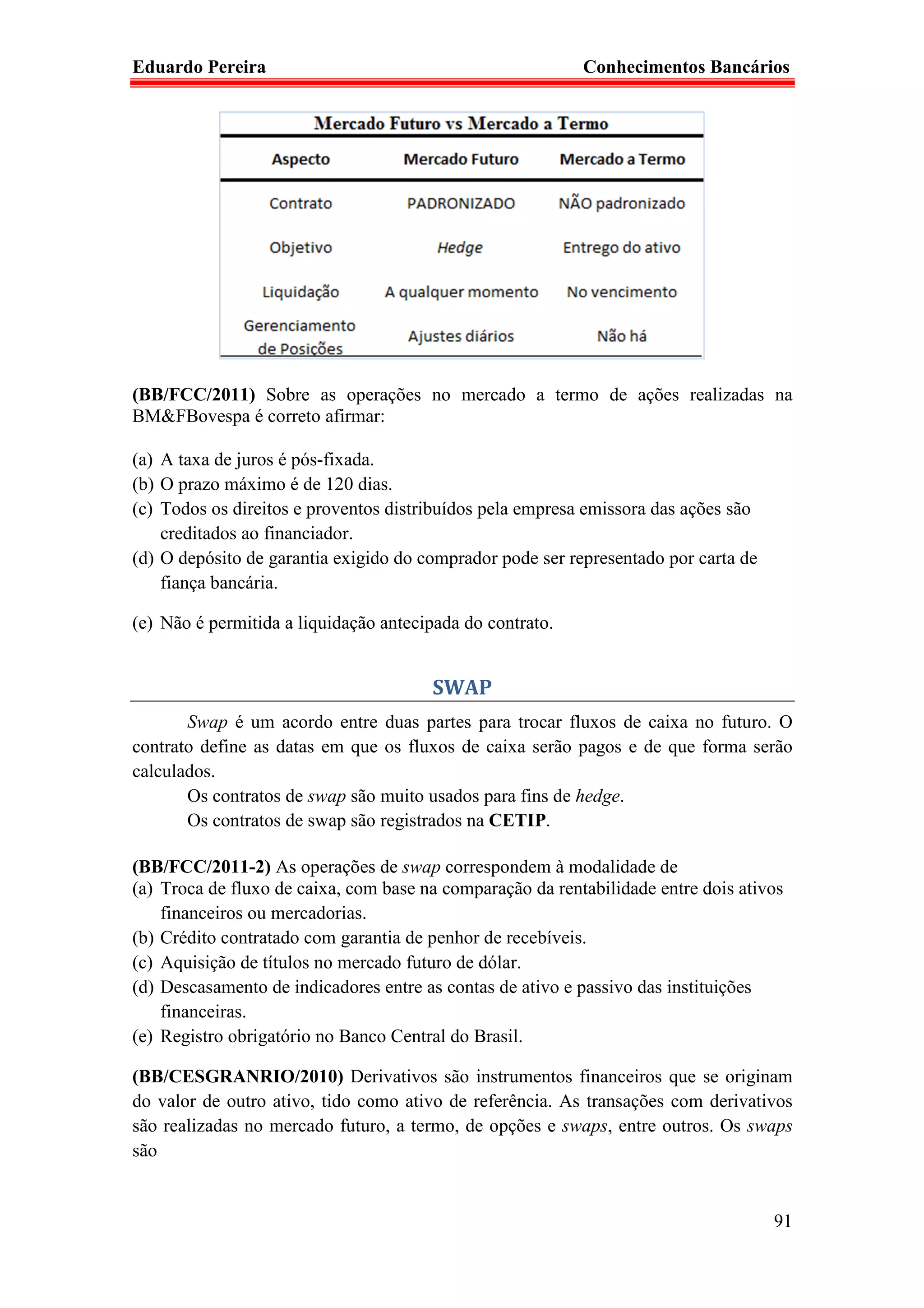 Eduardo Pereira                                            Conhecimentos Bancários




(BB/FCC/2011) Sobre as operações no mercado a termo de ações realizadas na
BM&FBovespa é correto afirmar:

(a) A taxa de juros é pós-fixada.
(b) O prazo máximo é de 120 dias.
(c) Todos os direitos e proventos distribuídos pela empresa emissora das ações são
    creditados ao financiador.
(d) O depósito de garantia exigido do comprador pode ser representado por carta de
    fiança bancária.

(e) Não é permitida a liquidação antecipada do contrato.


                                       SWAP
       Swap é um acordo entre duas partes para trocar fluxos de caixa no futuro. O
contrato define as datas em que os fluxos de caixa serão pagos e de que forma serão
calculados.
       Os contratos de swap são muito usados para fins de hedge.
       Os contratos de swap são registrados na CETIP.

(BB/FCC/2011-2) As operações de swap correspondem à modalidade de
(a) Troca de fluxo de caixa, com base na comparação da rentabilidade entre dois ativos
    financeiros ou mercadorias.
(b) Crédito contratado com garantia de penhor de recebíveis.
(c) Aquisição de títulos no mercado futuro de dólar.
(d) Descasamento de indicadores entre as contas de ativo e passivo das instituições
    financeiras.
(e) Registro obrigatório no Banco Central do Brasil.

(BB/CESGRANRIO/2010) Derivativos são instrumentos financeiros que se originam
do valor de outro ativo, tido como ativo de referência. As transações com derivativos
são realizadas no mercado futuro, a termo, de opções e swaps, entre outros. Os swaps
são


                                                                                     91
 