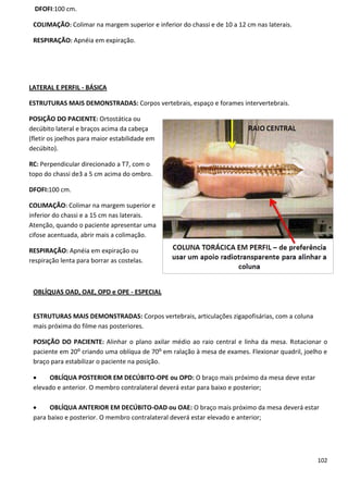 102
DFOFI:100 cm.
COLIMAÇÃO: Colimar na margem superior e inferior do chassi e de 10 a 12 cm nas laterais.
RESPIRAÇÃO: Apnéia em expiração.
LATERAL E PERFIL - BÁSICA
ESTRUTURAS MAIS DEMONSTRADAS: Corpos vertebrais, espaço e forames intervertebrais.
POSIÇÃO DO PACIENTE: Ortostática ou
decúbito lateral e braços acima da cabeça
(fletir os joelhos para maior estabilidade em
decúbito).
RC: Perpendicular direcionado a T7, com o
topo do chassi de3 a 5 cm acima do ombro.
DFOFI:100 cm.
COLIMAÇÃO: Colimar na margem superior e
inferior do chassi e a 15 cm nas laterais.
Atenção, quando o paciente apresentar uma
cifose acentuada, abrir mais a colimação.
RESPIRAÇÃO: Apnéia em expiração ou
respiração lenta para borrar as costelas.
OBLÍQUAS OAD, OAE, OPD e OPE - ESPECIAL
ESTRUTURAS MAIS DEMONSTRADAS: Corpos vertebrais, articulações zigapofisárias, com a coluna
mais próxima do filme nas posteriores.
POSIÇÃO DO PACIENTE: Alinhar o plano axilar médio ao raio central e linha da mesa. Rotacionar o
paciente em 20⁰ criando uma oblíqua de 70⁰ em ralação à mesa de exames. Flexionar quadril, joelho e
braço para estabilizar o paciente na posição.
 OBLÍQUA POSTERIOR EM DECÚBITO-OPE ou OPD: O braço mais próximo da mesa deve estar
elevado e anterior. O membro contralateral deverá estar para baixo e posterior;
 OBLÍQUA ANTERIOR EM DECÚBITO-OAD ou OAE: O braço mais próximo da mesa deverá estar
para baixo e posterior. O membro contralateral deverá estar elevado e anterior;
 