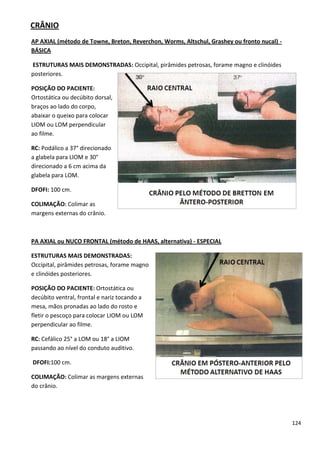 124
CRÂNIO
AP AXIAL (método de Towne, Breton, Reverchon, Worms, Altschul, Grashey ou fronto nucal) -
BÁSICA
ESTRUTURAS MAIS DEMONSTRADAS: Occipital, pirâmides petrosas, forame magno e clinóides
posteriores.
POSIÇÃO DO PACIENTE:
Ortostática ou decúbito dorsal,
braços ao lado do corpo,
abaixar o queixo para colocar
LIOM ou LOM perpendicular
ao filme.
RC: Podálico a 37° direcionado
a glabela para LIOM e 30°
direcionado a 6 cm acima da
glabela para LOM.
DFOFI: 100 cm.
COLIMAÇÃO: Colimar as
margens externas do crânio.
PA AXIAL ou NUCO FRONTAL (método de HAAS, alternativa) - ESPECIAL
ESTRUTURAS MAIS DEMONSTRADAS:
Occipital, pirâmides petrosas, forame magno
e clinóides posteriores.
POSIÇÃO DO PACIENTE: Ortostática ou
decúbito ventral, frontal e nariz tocando a
mesa, mãos pronadas ao lado do rosto e
fletir o pescoço para colocar LIOM ou LOM
perpendicular ao filme.
RC: Cefálico 25° a LOM ou 18° a LIOM
passando ao nível do conduto auditivo.
DFOFI:100 cm.
COLIMAÇÃO: Colimar as margens externas
do crânio.
 