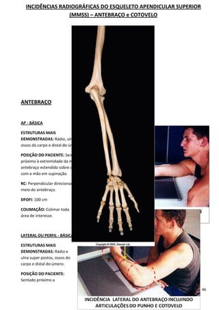 46
INCIDÊNCIAS RADIOGRÁFICAS DO ESQUELETO APENDICULAR SUPERIOR
(MMSS) – ANTEBRAÇO e COTOVELO
ANTEBRAÇO
AP - BÁSICA
ESTRUTURAS MAIS
DEMONSTRADAS: Rádio, ulna,
ossos do carpo e distal do úmero.
POSIÇÃO DO PACIENTE: Sentado
próximo à extremidade da mesa,
antebraço estendido sobre o chassi
com a mão em supinação.
RC: Perpendicular direcionado ao
meio do antebraço.
DFOFI: 100 cm
COLIMAÇÃO: Colimar toda
área de interesse.
LATERAL OU PERFIL - BÁSICA
ESTRUTURAS MAIS
DEMONSTRADAS: Rádio e
ulna super postos, ossos do
carpo e distal do úmero.
POSIÇÃO DO PACIENTE:
Sentado próximo a
 