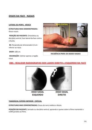 131
OSSOS DA FACE - NASAIS
LATERAL OU PERFIL - BÁSICA
ESTRUTURAS MAIS DEMONSTRADAS:
Ossos nasais.
POSIÇÃO DO PACIENTE: Ortostática ou
decúbito ventral, face lateral da face contra
o bucky.
RC: Perpendicular direcionado 2,5 cm
inferior ao násio.
DFOFI: 100 cm.
COLIMAÇÃO: Colimar apenas a região
nasal.
OBS.: REALIZAR RADIOGRAFIAS DOS LADOS DIREITO e ESQUERDO DA FACE
TANGENCIAL SÚPERO-INFERIOR - ESPECIAL
ESTRUTURAS MAIS DEMONSTRADAS: Ossos do nariz médios e distais.
POSIÇÃO DO PACIENTE: Sentado ou decúbito ventral, apoiando o queixo sobre o filme mantendo a
LIOM paralela ao filme.
 