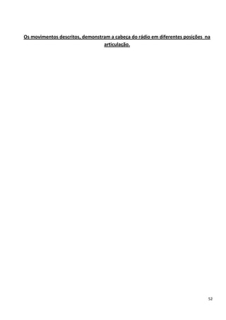 52
Os movimentos descritos, demonstram a cabeça do rádio em diferentes posições na
articulação.
 