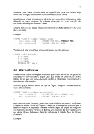 16
Somente uma chave primária pode ser especificada para uma tabela, seja
como uma restrição de coluna ou como uma restrição de tabela.
A restrição de chave primária deve abranger um conjunto de colunas que seja
diferente de outro conjunto de colunas abrangido por uma restrição de
unicidade definida para a mesma tabela.
A teoria de banco de dados relacional determina que toda tabela deve ter uma
chave primária.
Exemplo:
CREATE TABLE tsuitipoorgaocolegiado
( numtipoorgaocol INTEGER NOT NULL PRIMARY KEY,
strtipoorgaocol VARCHAR(200) NOT NULL
);
Você poderá criar uma chave primária com duas ou mais colunas:
CREATE TABLE exemplo (
a integer,
b integer,
c integer,
PRIMARY KEY (a, c)
);
5.8. Chave estrangeira
A restrição de chave estrangeira especifica que o valor da coluna (ou grupo de
colunas) deve corresponder a algum valor que existe em uma linha de outra
tabela. Diz-se que este comportamento mantém a integridade referencial entre
duas tabelas relacionadas.
Supondo que já temos a tabela de Tipo de Órgão Colegiado utilizada diversas
vezes anteriormente:
CREATE TABLE tsuitipoorgaocolegiado
( numtipoorgaocol INTEGER NOT NULL PRIMARY KEY,
strtipoorgaocol VARCHAR(200) NOT NULL
);
Agora vamos supor, também, que existe uma tabela armazenando os Órgãos
Colegiados destes Tipos de Órgãos Colegiados, e desejamos garantir que a
tabela de Órgãos Colegiados somente contenha tipos de órgão de colegiado
que realmente existem. Para isso é definida uma restrição de chave estrangeira
na tabela Órgão Colegiado, fazendo referência à tabela Tipo de Órgão
Colegiado.
Exemplo:
 