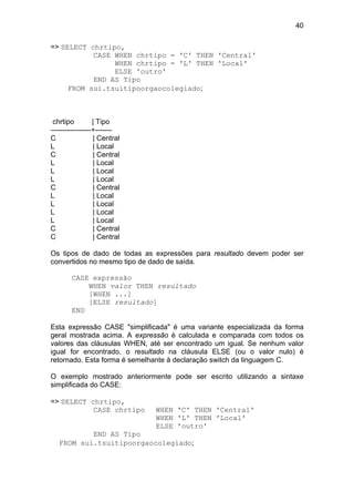 40
=> SELECT chrtipo,
CASE WHEN chrtipo = 'C' THEN 'Central'
WHEN chrtipo = 'L' THEN 'Local'
ELSE 'outro'
END AS Tipo
FROM sui.tsuitipoorgaocolegiado;
chrtipo | Tipo
-----------------+-------
C | Central
L | Local
C | Central
L | Local
L | Local
L | Local
C | Central
L | Local
L | Local
L | Local
L | Local
C | Central
C | Central
Os tipos de dado de todas as expressões para resultado devem poder ser
convertidos no mesmo tipo de dado de saída.
CASE expressão
WHEN valor THEN resultado
[WHEN ...]
[ELSE resultado]
END
Esta expressão CASE "simplificada" é uma variante especializada da forma
geral mostrada acima. A expressão é calculada e comparada com todos os
valores das cláusulas WHEN, até ser encontrado um igual. Se nenhum valor
igual for encontrado, o resultado na cláusula ELSE (ou o valor nulo) é
retornado. Esta forma é semelhante à declaração switch da linguagem C.
O exemplo mostrado anteriormente pode ser escrito utilizando a sintaxe
simplificada do CASE:
=> SELECT chrtipo,
CASE chrtipo WHEN 'C' THEN 'Central'
WHEN 'L' THEN 'Local'
ELSE 'outro'
END AS Tipo
FROM sui.tsuitipoorgaocolegiado;
 