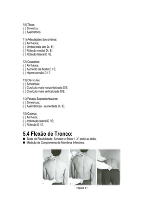 10) Tórax:
( ) Simétrico;
( ) Assimétrico.
11) Articulações dos ombros:
( ) Alinhados;
( ) Ombro mais alto D / E ;
( ) Rotação medial D / E;
( ) Rotação lateral D / E.
12) Cotovelos:
( ) Alinhados;
( ) Aumento da flexão D / E;
( ) Hiperextensão D / E.
13) Clavículas:
( ) Simétricas;
( ) Clavícula mais horizontalizada D/E;
( ) Clavícula mais verticalizada D/E.
14) Fossas Supraclaviculares:
( ) Simétricas;
( ) Assimétricas - aumentada D / E;
15) Cabeça:
( ) Alinhada;
( ) Inclinação lateral D / E;
( ) Rotação D / E.
5.4 Flexão de Tronco:
„ Teste de Flexibilidade: Schober e Stibor / 3° dedo ao chão.
„ Medição de Comprimento de Membros Inferiores.
Figura 17
 
