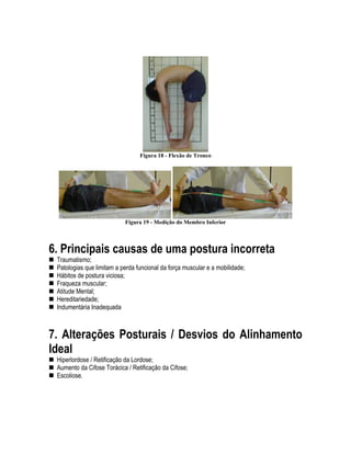 Figura 18 - Flexão de Tronco
Figura 19 - Medição do Membro Inferior
6. Principais causas de uma postura incorreta
„ Traumatismo;
„ Patologias que limitam a perda funcional da força muscular e a mobilidade;
„ Hábitos de postura viciosa;
„ Fraqueza muscular;
„ Atitude Mental;
„ Hereditariedade;
„ Indumentária Inadequada
7. Alterações Posturais / Desvios do Alinhamento
Ideal
„ Hiperlordose / Retificação da Lordose;
„ Aumento da Cifose Torácica / Retificação da Cifose;
„ Escoliose.
 