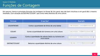 111
Seção 9: Medidas
Funções de Contagem
Em resumo, temos 4 principais fórmulas de contagem no Power BI. Em geral, elas são bem intuitivas e em geral dão o mesmo
resultado. Com exceção da DISTINCTCOUNT, que conta vales distintos de uma coluna.
Fórmula O que faz? Exemplo
COUNTROWS Conta a quantidade de linhas de uma tabela
COUNT Conta a quantidade de números em uma coluna
COUNTA
Conta a quantidade de valores (texto ou número) em
uma coluna
DISTINCTCOUNT Retorna a quantidade distinta de uma coluna
 