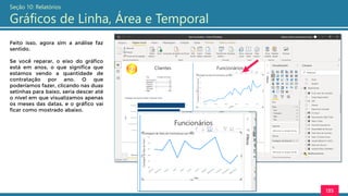 135
Seção 10: Relatórios
Gráficos de Linha, Área e Temporal
Feito isso, agora sim a análise faz
sentido.
Se você reparar, o eixo do gráfico
está em anos, o que significa que
estamos vendo a quantidade de
contratação por ano. O que
poderíamos fazer, clicando nas duas
setinhas para baixo, seria descer até
o nível em que visualizamos apenas
os meses das datas, e o gráfico vai
ficar como mostrado abaixo.
 