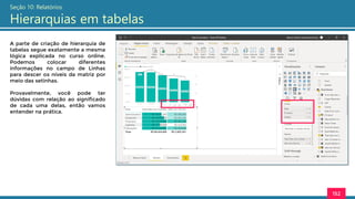 152
Seção 10: Relatórios
Hierarquias em tabelas
A parte de criação de hierarquia de
tabelas segue exatamente a mesma
lógica explicada no curso online.
Podemos colocar diferentes
informações no campo de Linhas
para descer os níveis da matriz por
meio das setinhas.
Provavelmente, você pode ter
dúvidas com relação ao significado
de cada uma delas, então vamos
entender na prática.
 