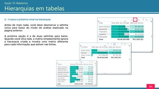 154
Seção 10: Relatórios
Hierarquias em tabelas
2 - Ir para o próximo nível na hierarquia
Antes de mais nada, você deve desmarcar a setinha
única para baixo do modo de análise explicado na
página anterior.
A próxima opção é a de duas setinhas para baixo.
Quando você clica nela, a matriz simplesmente ignora
a hierarquia criada e mostra uma matriz diferente
para cada informação que estiver nas linhas.
 