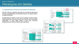 155
Seção 10: Relatórios
Hierarquias em tabelas
3 - Expandir todo o campo um nível abaixo na hierarquia
Por fim, temos o garfinho. Ele desce os níveis da hierarquia
sempre considerando a hierarquia anterior. Em geral, essa é
a opção preferida.
O legal dessas opções é que você consegue mostrar várias
informações em um único visual, em vez de criar 3 matrizes
separadas. O mais legal ainda é que isso funciona
exatamente da mesma maneira para gráficos!
 