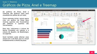 163
Seção 11: Relatórios
Gráficos de Pizza, Anel e Treemap
Os gráficos de Pizza, Anel e
Treemap são gráficos úteis para
visualizarmos partes de um todo.
Como exemplo inicial, vamos agora
criar um gráfico de Pizza para
mostrar quantos dos funcionários
são Efetivos e quantos são
Terceirizados.
Para isso, colocamos a coluna de
Nome Completo em valores e a
coluna de Quadro, da BaseCargos,
na Legenda.
Você também pode alternar esse
visual com o de Anel, que é o visual
imediatamente à direita da pizza.
 