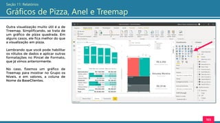 165
Seção 11: Relatórios
Gráficos de Pizza, Anel e Treemap
Outra visualização muito útil é a de
Treemap. Simplificando, se trata de
um gráfico de pizza quadrada. Em
alguns casos, ele fica melhor do que
a visualização em pizza.
Lembrando que você pode habilitar
os rótulos de dados e aplicar outras
formatações no Pincel de Formato,
que já vimos anteriormente.
No caso, fizemos um gráfico de
Treemap para mostrar no Grupo os
Níveis, e em valores, a coluna de
Nome da BaseClientes.
 