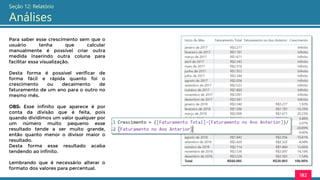 182
Seção 12: Relatório
Análises
Para saber esse crescimento sem que o
usuário tenha que calcular
manualmente é possível criar outra
medida inserindo outra coluna para
facilitar essa visualização.
Desta forma é possível verificar de
forma fácil e rápida quanto foi o
crescimento ou decaimento de
faturamento de um ano para o outro no
mesmo mês.
OBS: Esse infinito que aparece é por
conta da divisão que é feita, pois
quando dividimos um valor qualquer por
um número muito pequeno esse
resultado tende a ser muito grande,
então quanto menor o divisor maior o
resultado.
Desta forma esse resultado acaba
tendendo ao infinito.
Lembrando que é necessário alterar o
formato dos valores para percentual.
 