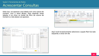 Feito isso, vai aparecer uma tabela com uma coluna de
Content, com o texto Binary. Para expandir essas
tabelas, é só clicar no botão de filtro da coluna de
Content e a tela abaixo vai aparecer.
63
Seção 5: Ferramentas de Dados
Acrescentar Consultas
Aqui você irá basicamente selecionar a opção Plan1 do lado
esquerdo, e clicar em Ok.
 