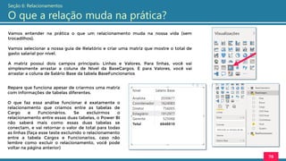 Vamos entender na prática o que um relacionamento muda na nossa vida (sem
trocadilhos).
Vamos selecionar a nossa guia de Relatório e criar uma matriz que mostre o total de
gasto salarial por nível.
A matriz possui dois campos principais: Linhas e Valores. Para linhas, você vai
simplesmente arrastar a coluna de Nível da BaseCargos. E para Valores, você vai
arrastar a coluna de Salário Base da tabela BaseFuncionarios
78
Seção 6: Relacionamentos
O que a relação muda na prática?
Repare que funciona apesar de criarmos uma matriz
com informações de tabelas diferentes.
O que faz essa análise funcionar é exatamente o
relacionamento que criamos entre as tabelas de
Cargo e Funcionários. Se excluirmos o
relacionamento entre essas duas tabelas, o Power BI
não saberá mais como essas duas tabelas se
conectam, e vai retornar o valor de total para todas
as linhas (faça esse teste excluindo o relacionamento
entre a tabela Cargos e Funcionarios, caso não
lembre como excluir o relacionamento, você pode
voltar na página anterior)
 