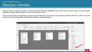 Feito isso, você só terá que mudar o nome da base de Plan1 para BaseNivel. Para isso, é só clicar duas vezes no nome da base
(indicado na figura abaixo), digitar o novo nome e clicar em Ok.
Caso você não esteja conseguindo visualizar a base importada, é só reduzir o zoom da tela do Power BI (com o CTRL + Scroll do
mouse) ou arrastar a tela para a direita para visualizar a base importada.
80
Seção 6: Relacionamentos
Relações Indiretas
 