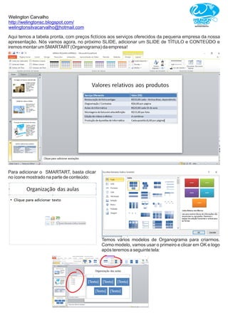 Welington Carvalho
http://welingtonsc.blogspot.com/
welingtonsilvacarvalho@hotmail.com
Aqui temos a tabela pronta, com preços ﬁctícios aos serviços oferecidos da pequena empresa da nossa
apresentação. Nós vamos agora, no próximo SLIDE, adicionar um SLIDE de TÍTULO e CONTEÚDO e
iremos montar um SMARTART(Organograma) da empresa!
Para adicionar o SMARTART, basta clicar
no ícone mostrado na parte de conteúdo:
Temos vários modelos de Organograma para criarmos.
Como modelo, vamos usar o primeiro e clicar em OK e logo
após teremos a seguinte tela:
 