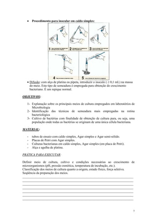 7
· Procedimento para inocular em caldo simples:
· Difusão: com alça de platina ou pipeta, introduzir o inoculo ( ³ 0,1 mL) na massa
do meio. Este tipo de semeadura é empregada para obtenção do crescimento
bacteriano. É um repique normal.
OBJETIVOS:
1- Explanação sobre os principais meios de cultura empregados em laboratórios de
Microbiologia
2- Identificação das técnicas de semeadura mais empregadas na rotina
bacteriológica
3- Cultivo de bactérias com finalidade de obtenção de cultura pura, ou seja, uma
população onde todas as bactérias se originam de uma única célula bacteriana.
MATERIAL:
- tubos de ensaio com caldo simples, Agar simples e Agar semi-sólido.
- Placas de Petri com Agar simples.
- Culturas bacterianas em caldo simples, Agar simples (em placa de Petri).
- Alça e agulha de platina.
PRÁTICA PARA EXECUTAR:
Definir meio de cultura, cultivo e condições necessárias ao crescimento de
microorganismos (pH, pressão osmótica, temperatura de incubação, etc.).
Classificação dos meios de cultura quanto a origem, estado físico, força seletiva.
Seqüência da preparação dos meios.
______________________________________________________________________
______________________________________________________________________
______________________________________________________________________
______________________________________________________________________
______________________________________________________________________
______________________________________________________________________
______________________________________________________________________
 