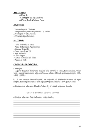 14
ASSUNTO 4:
- Diluição
- Contagem de u.f.c.viáveis
- Obtenção de Cultura Pura
OBJETIVOS:
1. Metodologia de Diluições
2. Plaqueamento para contagem de u.f.c. viáveis
3. Contagem de u.f.c. viáveis
4. Obtenção de cultura pura
MATERIAL:
- Tubos com 9mL de salina
- Placas de Petri com Agar simples
- Alças de Drigalski
- Cubas com álcool 70º
- Agar inclinado
- Caldo simples
- Cultura bacteriana em caldo
- Pipetas de 1mL
PRÁTICA PARA EXECUTAR:
a. Diluição
A partir da cultura bacteriana, inocular 1mL em 9mL de salina, homogeneizar, retirar
1mL e transferir para outro tubo com 9mL de salina... Obtendo assim, as diluições 1/10,
1/100, 1/1000...
b. De cada diluição inocular 0,1mL, em duplicata, na superfície do meio de Agar
simples. Semear por distensão com alça de Drigalski. Incubar a 37ºC por 24 horas.
c. Contagem da u.f.c. com diluição nº placa 1 + nº placa 2 aplicar na fórmula:
2
® u.f.c. = nº encontrado x diluição x inoculo
d. Repicar u.f.c. para Agar inclinado e caldo simples.
______________________________________________________________________
______________________________________________________________________
______________________________________________________________________
______________________________________________________________________
______________________________________________________________________
______________________________________________________________________
______________________________________________________________________
______________________________________________________________________
______________________________________________________________________
 