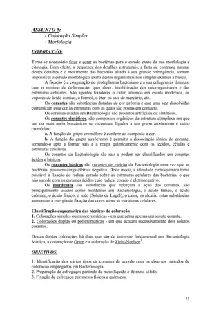15
ASSUNTO 5:
- Coloração Simples
- Morfologia
INTRODUÇÃO:
Torna-se necessário fixar e corar as bactérias para o estudo exato da sua morfologia e
citologia. Com efeito, a pequenez dos detalhes estruturais, a falta de contraste natural
destes detalhes e o movimento das bactérias aliado à sua grande refringência, tornam
impossível o estudo morfológico exato destes organismos nos simples exames a fresco.
A fixação é a coagulação do protoplasma bacteriano e a sua colagem às lâminas,
com o mínimo de deformação, quer dizer, imobilização dos microrganismos e das
estruturas celulares. São agentes fixadores o calor, atuando em escala moderada, os
vapores de ácido ósmico, o formol, o éter, os sais de mercúrio, etc.
Os corantes são substâncias dotadas de cor própria e que uma vez dissolvidas
comunicam essa cor às estruturas com as quais são postas em contacto.
Os corantes usados em Bacteriologia são produtos artificiais ou sintéticos.
Os corantes sintéticos, são compostos orgânicos de estrutura complexa em que
um ou mais anéis benzênicos se encontram ligados a um grupo auxócromo e outro
cromóforo.
a. A função do grupo cromóforo é conferir ao composto a cor.
b. A função do grupo auxócromo é permitir a dissociação iónica do corante,
tornando-o apto a formar sais e a reagir quimicamente com os tecidos, células e
estruturas celulares.
Os corantes da Bacteriologia são sais e podem ser classificados em corantes
ácidos e básicos.
Os corantes básicos são corantes de eleição da Bacteriologia uma vez que as
bactérias, possuem carga elétrica negativa. Deste modo, a afinidade eletroquímica torna
possível a fixação do radical corado sobre as estruturas celulares das bactérias, o que
não sucede com os corantes ácidos cujo radical corado é eletronegativo.
Os mordentes são substâncias que reforçam a ação dos corantes, são
principalmente usados como mordentes em Bacteriologia, o ácido tânico, o ácido
crómico, o ácido fênico, o iodo (Soluto de Lugol), o calor, os alcalis; estas substâncias
aumentam a energia de fixação das cores sobre as estruturas celulares.
Classificação esquemática das técnicas de coloração
1. Colorações simples ou monocromáticas - em que actua apenas um soluto corante.
2. Colorações duplas ou policromáticas - em que actuam sucessivamente dois solutos
corantes.
Destas duplas colorações há duas que são de interesse fundamental em Bacteriologia
Médica, a coloração de Gram e a coloração de Ziehl-Neelsen3
.
OBJETIVOS:
1. Identificação dos vários tipos de corantes de acordo com os diversos métodos de
coloração empregados em Bacteriologia.
2. Preparação de esfregaços partindo de meio líquido e de meio sólido.
3. Fixação de esfregaço por meios físicos e químicos.
 