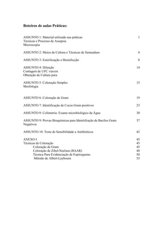 Roteiros de aulas Práticas:
ASSUNTO 1: Material utilizado nas práticas
Técnicas e Processo de Assepsia
Microscopia
ASSUNTO 2: Meios de Cultura e Técnicas de Semeadura
ASSUNTO 3: Esterilização e Desinfecção
ASSUNTO 4: Diluição
Contagem de UFC viáveis
Obtenção de Cultura pura
ASSUNTO 5: Coloração Simples
Morfologia
ASSUNTO 6: Coloração de Gram
ASSUNTO 7: Identificação de Cocos Gram positivos
ASSUNTO 8: Colimetria: Exame microbiológico da Água
ASSUNTO 9: Provas Bioquímicas para Idenitifcação de Bacilos Gram
Negativos
ASSUNTO 10: Teste de Sensibilidade a Antibióticos
ANEXO I
Técnicas de Coloração
Coloração de Gram
Coloração de Zihel-Neelsen (BAAR)
Técnica Para Evidenciação de Espiroquetas
Método de Albert-Laybourn
1
4
8
14
15
19
23
30
37
42
45
45
45
48
50
53
 