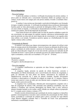 24
Provas bioquímicas
- Prova da Catalase:
A prova da catalase se destina a verificação da presença da enzima catalase. A
prova pode ser efetuada com o crescimento bacteriano obtido em qualquer meio de
cultura, exceto meios com sangue pois este possui catalase, levando a resultados falso-
positivos.
A catalase é uma enzima que decompõe o peróxido de hidrogênio com formação
de água e oxigênio molecular. A verificação da produção dessa enzima por determinada
bactéria pode ser feita adicionando-se peróxido de hidrogênio (H2O2 a 30%) a cultura
em meio sólido ou líquido, e verificando-se desprendimento de bolhas gasosas (O2). Na
ausência de catalase, não há decomposição do peróxido.
Uma leitura da prova de catalase pode ser feita de maneira cuidadosa a partir de
um crescimento em agar-sangue da seguinte maneira: adiciona-se primeiramente uma
gota de peróxido em uma área do meio desprovida de crescimento e em seguida sobre
uma colônia a ser testada. Considera-se positivo apenas se o borbulhamento foi mais
rápido e intenso sobre a colônia.
- Fermentação do Manitol:
O manitol é um açúcar que alguns microorganismos são capazes de utilizar como
fonte de energia através da fermentação. A prova se baseia na alteração do pH do meio,
graças a produção de ácidos durante o processo de fermentação. Essa mudança de pH
pode ser observada pela viragem de cor do meio devido a presença do indicador de pH
Vermelho de Fenol. A prova pode ser realizada em meios de cultura líquidos ou sólidos.
Após a semeadura, o meio deve ser incubado a 37ºC por 18 – 24 horas.
Interpretação:
à positivo: amarelo
à negativo: não há alteração da cor
- Prova da coagulase:
A coagulase estafilocócica se apresenta em duas formas: coagulase ligada e
coagulase livre.
A coagulase ligada, presente na parede da célula bacteriana, converte o
fibrinogênio em fibrina diretamente, sem o envolvimento dos fatores de coagulação, e
pode ser detectado em teste direto em lâmina, utilizando-se da suspensão de
Staphylococcus acrescida de 2 gotas de plasma citratado, fazendo movimentos
circulares e observando-se a formação de coágulo no tempo de 1-2 minutos. Pode-se
tornar mais sensível o teste em tubo, por este detectar tanto a coagulase livre quanto a
ligada, sendo a prova de escolha.
A coagulase livre é produzida e liberada pelo microorganismo, reagindo com o
fator de coagulação do plasma, CRF, formando uma substância semelhante, mas não
idêntica, à trombina, que converte fibrinogênio em fibrina. Para o teste, utiliza-se
plasma citratado humano ou de coelho, estéril, diluído em solução salina na proporção
de 1:5. a reação ocorre volume a volume a 37ºC.
Estudos recentes demonstraram que a produção da enzima coagulase se intensifica
quando o microorganismo é crescido e meio contendo alta concentração de NaCl. Desta
forma, aconselha-se a utilização de colônias para a prova, crescidas em Agar Manita
(Agar Manitol Salgado) contendo NaCl e Vermelho de Fenol. Este procedimento
aumentaria a sensibilidade do teste.
 