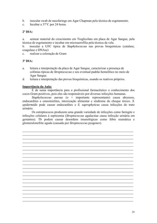 29
b. inocular swab de nasofaringe em Agar Chapman pela técnica de esgotamento.
c. Incubar a 37°C por 24 horas.
2º DIA:
a. semear material do crescimento em Tioglicolato em placa de Agar Sangue, pela
técnica de esgotamento e incubar em microaerofilia pela técnica da vela.
b. inocular a UFC típica de Staphylococcus nas provas bioquímicas (catalase,
coagulase e DNAse)
c. realizar a coloração de Gram
3º DIA:
a. leitura e interpretação da placa de Agar Sangue, caracterizar a presença de
colônias típicas de Streptococcus e seu eventual padrão hemolítico no meio de
Agar Sangue.
d. leitura e interpretação das provas bioquímicas, usando os reativos próprios.
Importância da Aula:
É de suma importância para o profissional farmacêutico o conhecimento dos
cocos Gram positivos, pois eles são responsáveis por diversas infecções humanas.
Staphylococcus aureus (o + importante representante) causa abcessos,
endocardites e osteomielites, intoxicação alimentar e síndrome do choque tóxico. S.
epidermidis pode causar endocardites e S. saprophyticus causa infecções do trato
urinário.
Os estreptococos produzem uma grande variedade de infecções como faringite e
infecções celulares à septicemia (Streptococcus agalactiae causa infecção urinária em
gestantes). Tb podem causar desordens imunológicas como febre reumática e
glomerulonefrite aguda (causada por Streptococcus pyogenes).
______________________________________________________________________
______________________________________________________________________
______________________________________________________________________
______________________________________________________________________
______________________________________________________________________
______________________________________________________________________
______________________________________________________________________
______________________________________________________________________
______________________________________________________________________
______________________________________________________________________
______________________________________________________________________
______________________________________________________________________
______________________________________________________________________
______________________________________________________________________
______________________________________________________________________
______________________________________________________________________
______________________________________________________________________
______________________________________________________________________
______________________________________________________________________
______________________________________________________________________
 