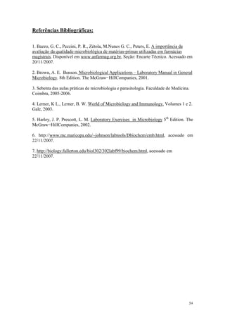 54
Referências Bibliográficas:
1. Bazzo, G. C., Pezzini, P. R., Zétola, M.Nunes G. C., Peters, E. A importância da
avaliação da qualidade microbiológica de matérias-primas utilizadas em farmácias
magistrais. Disponível em www.anfarmag.org.br, Seção: Encarte Técnico. Acessado em
20/11/2007.
2. Brown, A. E. Benson. Microbiological Applications – Laboratory Manual in General
Microbiology. 8th Edition. The McGraw−HillCompanies, 2001.
3. Sebenta das aulas práticas de microbiologia e parasitologia. Faculdade de Medicina.
Coimbra, 2005-2006.
4. Lerner, K L., Lerner, B. W. World of Microbiology and Immunology. Volumes 1 e 2.
Gale, 2003.
5. Harley, J. P. Prescott, L. M. Laboratory Exercises in Microbiology 5th
Edition. The
McGraw−HillCompanies, 2002.
6. http://www.mc.maricopa.edu/~johnson/labtools/Dbiochem/emb.html, acessado em
22/11/2007.
7. http://biology.fullerton.edu/biol302/302labf99/biochem.html, acessado em
22/11/2007.
 