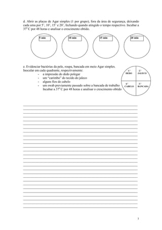 3
d. Abrir as placas de Agar simples (1 por grupo), fora da área de segurança, deixando
cada uma por 5’, 10’, 15’ e 20’, fechando quando atingido o tempo respectivo. Incubar a
37o
C por 48 horas e analisar o crescimento obtido.
e. Evidenciar bactérias da pele, roupa, bancada em meio Agar simples.
Inocular em cada quadrante, respectivamente:
- a impressão do dedo polegar
- um “carimbo” do tecido do jaleco
- alguns fios de cabelo
- um swab previamente passado sobre a bancada de trabalho
Incubar a 37o
C por 48 horas e analisar o crescimento obtido
______________________________________________________________________
______________________________________________________________________
______________________________________________________________________
______________________________________________________________________
______________________________________________________________________
______________________________________________________________________
______________________________________________________________________
______________________________________________________________________
______________________________________________________________________
______________________________________________________________________
______________________________________________________________________
______________________________________________________________________
______________________________________________________________________
______________________________________________________________________
______________________________________________________________________
______________________________________________________________________
______________________________________________________________________
______________________________________________________________________
______________________________________________________________________
______________________________________________________________________
______________________________________________________________________
______________________________________________________________________
______________________________________________________________________
______________________________________________________________________
______________________________________________________________________
______________________________________________________________________
______________________________________________________________________
______________________________________________________________________
5 min 10 min 15 min 20 min
1.º
DEDO
2.º
JALECO
3.º
BANCADA
4.º
CABELO
 