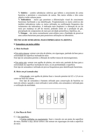 5
Ä Seletivo – contêm substâncias seletivas que inibem o crescimento de certas
bactérias e permitem o crescimento de outras. São meios sólidos e têm como
objetivo isolar culturas puras.
Ä Indicadores – meios que permitem a diferenciação visual do crescimento
bacteriano facilitando a sua identificação. Freqüentemente os meios seletivos são
também indicadorese todos os meios utilizados na confirmação bioqumica dos
isolamentos são indicadores. A indicação mais freqüente é a alteração de cor do
meio por mudança no pH do mesmo, podendo ainda ser a produção de gás,
precipitação de componentes do meio por atividade proteolítica e lipolítica, etc...
Ä Estoque – são meios normalmente semi-sólidos com a finalidade de preservar
uma cultura bacteriana pura para posteriores utilizações no laboratório.
TÉCNICAS DE SEMEADURA MAIS EMPREGADAS NA ROTINA
I- Semeadura em meios sólidos
A. Meio Inclinado
· Em estria sinuosa: semear com alça de platina, em ziguezague, partindo da base para a
extremidade da superfície inclinada do meio
Este tipo de semeadura permite a obtenção de melhor massa de microorganismos.
· Em estria reta: semear com agulha de platina, em estria reta, partindo da base para a
extremidade da superfície inclinada do meio, ou em profundidade e superfície.
Este tipo de semeadura é utilizada em provas bioquímicas para identificação bacteriana.
B. Meios em pé (camada alta)
· Em picada: com agulha de platina fazer o inoculo penetrar de 0,5 a 1,0 cm no
centro do meio de cultura.
Este tipo de semeadura é bastante utilizado para conservação de bactérias no
meio de cultura e quando o meio utilizado é semi-sólido, esta semeadura é utilizada para
a verificação da motilidade.
C. Em Placa de Petri:
C.1. Em superfície:
· Estrias múltiplas ou esgotamento: fazer o inoculo em um ponto da superfície
do meio, flambar a alça, deixar esfriar e daí semear em ziguezague em toda a superfície
do meio.
 