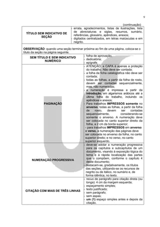 9

                                                                         (continuação)
                                 - errata, agradecimentos, listas de ilustrações, lista
                                   de abreviaturas e siglas, resumos, sumário,
 TÍTULO SEM INDICATIVO DE
                                   referências, glossário, apêndices, anexos;
          SEÇÃO
                                 - digitados centralizados, em letras maiúsculas e em
                                   negrito.

OBSERVAÇÃO: quando uma seção terminar próxima ao fim de uma página, coloca-se o
título da seção na página seguinte.
                                      - folha de aprovação,
      SEM TÍTULO E SEM INDICATIVO
                                      - dedicatória;
                 NUMÉRICO
                                      - epígrafe.
                                      - ATENÇÃO: a CAPA é apenas a proteção
                                         do trabalho. Não deve ser contada;
                                      - a folha da ficha catalográfica não deve ser
                                         contada;
                                      - todas as folhas, a partir da folha de rosto,
                                         devem ser contadas sequencialmente,
                                         mas, não numeradas;
                                      - a numeração é impressa a partir da
                                         introdução, em algarismos arábicos até a
                                         última folha do trabalho, incluindo os
                                         apêndices e anexos;
                PAGINAÇÃO             - Para trabalhos IMPRESSOS somente no
                                         anverso, todas as folhas, a partir da folha
                                         de     rosto,    devem      ser    contadas
                                         sequencialmente,           considerando-se
                                         somente o anverso. A numeração deve
                                         ser colocada no canto superior direito da
                                         folha, a 2 cm da borda superior;
                                        - para trabalhos IMPRESSOS em anverso
                                        e verso, a numeração das páginas deve
                                        ser colocada no anverso da folha, no canto
                                        superior direito; e no verso, no canto
                                        superior esquerdo.
                                      - deve-se adotar a numeração progressiva
                                         para os capítulos e subcapítulos de um
                                         documento, visando à exposição lógica do
                                         tema e à rápida localização das partes
                                         que o compõem, conforme o capítulo 4
        NUMERAÇÃO PROGRESSIVA
                                         deste documento;
                                      - destacam-se, gradativamente, os títulos
                                        das seções, utilizando-se os recursos de
                                        negrito ou de itálico, no sumário e, de
                                        forma idêntica, no texto.
                                      - recuo de parágrafo para citação direta (ou
                                         longa): 4 cm da margem esquerda;
                                      - espaçamento simples;
                                      - texto justificado;
   CITAÇÃO COM MAIS DE TRÊS LINHAS
                                      - sem parágrafo;
                                      - sem aspas;
                                      - um (1) espaço simples antes e depois da
                                         citação.
 