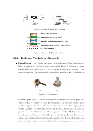11

Figura 3: Resistor de Filme de Carbono.

Figura 4: Resistor de Filme Met´lico.
a

2.3.2

Resistores Vari´veis ou Ajust´veis
a
a

• Potenciˆmetro: ´ um resistor vari´vel de 3 terminais, sendo 2 ligados `s extremio
e
a
a
dades da resistˆncia e um ligado a um cursor m´vel, Figura 5. Entre os extremos
e
o
a resistˆncia ´ ﬁxa e entre um extremo e o cursor a resistˆncia ´ vari´vel. Uma
e
e
e
e
a
haste ´ acoplada ao cursor para permitir varia¸˜o da resistˆncia. Os potenciˆmetros
e
ca
e
o

(a)

(b)

Figura 5: Potenciˆmetro.
o
s˜o usados para ajustar o volume em circuitos de ampliﬁca¸ao sonora, para cona
c˜
trolar o brilho, o contraste e a cor dos televisores. Na realidade o nome usado
por t´cnicos para este componente depende da maneira como ele ´ empregado no
e
e
circuito. Quanto a estrutura eles podem variar muito, dependendo da aplica¸ao
c˜
que ter˜o e at´ da est´tica do aparelho em que ser˜o usados. Modernamente, os
a
e
e
a
potenciˆmetros est˜o sendo substitu´
o
a
ıdos por circuito integrados que direcionam a
corrente para diferentes resistores ﬁxos, isto facilita o uso de controle remoto, mas
nestes casos n˜o se possui uma varia¸˜o continua das propriedades que se deseja
a
ca

 