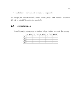 16

• o anel n´mero 5 corresponde ` tolerˆncia do componente.
u
a
a
Por exemplo, um resistor vermelho, laranja, violeta, preto e verde apresenta resistˆncia
e
237 x 1, ou seja, 237Ω com tolerˆncia de 0,5%.
a

2.5

Experimento

Fa¸a a leitura dos resistores apresentados e indique tamb´m a precis˜o dos mesmos.
c
e
a
1o Anel
R1
R2
R3
R4

2o Anel

3o Anel 4o Anel

Valor

 