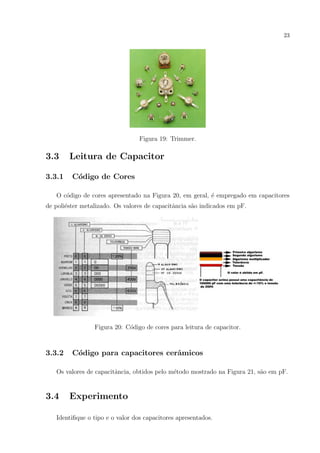 23

Figura 19: Trimmer.

3.3
3.3.1

Leitura de Capacitor
C´digo de Cores
o

O c´digo de cores apresentado na Figura 20, em geral, ´ empregado em capacitores
o
e
de poli´ster metalizado. Os valores de capacitˆncia s˜o indicados em pF.
e
a
a

Figura 20: C´digo de cores para leitura de capacitor.
o

3.3.2

C´digo para capacitores cerˆmicos
o
a

Os valores de capacitˆncia, obtidos pelo m´todo mostrado na Figura 21, s˜o em pF.
a
e
a

3.4

Experimento

Identiﬁque o tipo e o valor dos capacitores apresentados.

 