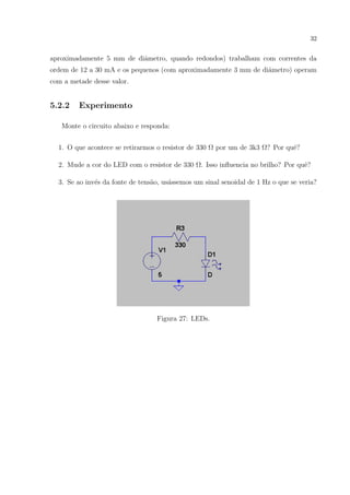 32

aproximadamente 5 mm de diˆmetro, quando redondos) trabalham com correntes da
a
ordem de 12 a 30 mA e os pequenos (com aproximadamente 3 mm de diˆmetro) operam
a
com a metade desse valor.

5.2.2

Experimento

Monte o circuito abaixo e responda:
1. O que acontece se retirarmos o resistor de 330 Ω por um de 3k3 Ω? Por quˆ?
e
2. Mude a cor do LED com o resistor de 330 Ω. Isso inﬂuencia no brilho? Por quˆ?
e
e
a
a
3. Se ao inv´s da fonte de tens˜o, us´ssemos um sinal senoidal de 1 Hz o que se veria?

Figura 27: LEDs.

 