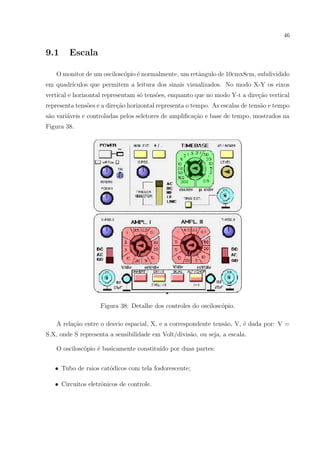 46

9.1

Escala

O monitor de um oscilosc´pio ´ normalmente, um retˆngulo de 10cmx8cm, subdividido
o
e
a
em quadr´
ıculos que permitem a leitura dos sinais visualizados. No modo X-Y os eixos
vertical e horizontal representam s´ tens˜es, enquanto que no modo Y-t a dire¸ao vertical
o
o
c˜
representa tens˜es e a dire¸ao horizontal representa o tempo. As escalas de tens˜o e tempo
o
c˜
a
s˜o vari´veis e controladas pelos seletores de ampliﬁca¸˜o e base de tempo, mostrados na
a
a
ca
Figura 38.

Figura 38: Detalhe dos controles do oscilosc´pio.
o
A rela¸ao entre o desvio espacial, X, e a correspondente tens˜o, V, ´ dada por: V =
c˜
a
e
S.X, onde S representa a sensibilidade em Volt/divis˜o, ou seja, a escala.
a
O oscilosc´pio ´ basicamente constitu´ por duas partes:
o
e
ıdo
• Tubo de raios cat´dicos com tela fosforescente;
o
o
• Circuitos eletrˆnicos de controle.

 