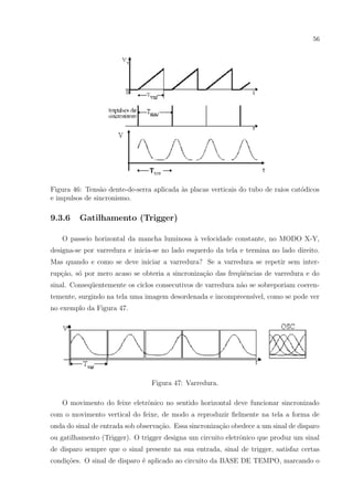 56

Figura 46: Tens˜o dente-de-serra aplicada `s placas verticais do tubo de raios cat´dicos
a
a
o
e impulsos de sincronismo.

9.3.6

Gatilhamento (Trigger)

O passeio horizontal da mancha luminosa ` velocidade constante, no MODO X-Y,
a
designa-se por varredura e inicia-se no lado esquerdo da tela e termina no lado direito.
Mas quando e como se deve iniciar a varredura? Se a varredura se repetir sem interrup¸ao, s´ por mero acaso se obteria a sincroniza¸˜o das freq¨ˆncias de varredura e do
c˜
o
ca
ue
sinal. Conseq¨entemente os ciclos consecutivos de varredura n˜o se sobreporiam coerenu
a
temente, surgindo na tela uma imagem desordenada e incompreens´
ıvel, como se pode ver
no exemplo da Figura 47.

Figura 47: Varredura.
O movimento do feixe eletrˆnico no sentido horizontal deve funcionar sincronizado
o
com o movimento vertical do feixe, de modo a reproduzir ﬁelmente na tela a forma de
onda do sinal de entrada sob observa¸˜o. Essa sincroniza¸ao obedece a um sinal de disparo
ca
c˜
ou gatilhamento (Trigger). O trigger designa um circuito eletrˆnico que produz um sinal
o
de disparo sempre que o sinal presente na sua entrada, sinal de trigger, satisfaz certas
condi¸oes. O sinal de disparo ´ aplicado ao circuito da BASE DE TEMPO, marcando o
c˜
e

 