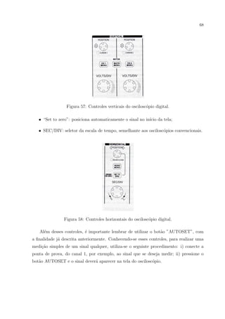 68

Figura 57: Controles verticais do oscilosc´pio digital.
o
• “Set to zero”: posiciona automaticamente o sinal no in´ da tela;
ıcio
• SEC/DIV: seletor da escala de tempo, semelhante aos oscilosc´pios convencionais.
o

Figura 58: Controles horizontais do oscilosc´pio digital.
o
Al´m desses controles, ´ importante lembrar de utilizar o bot˜o ”AUTOSET”, com
e
e
a
a ﬁnalidade j´ descrita anteriormente. Conhecendo-se esses controles, para realizar uma
a
medi¸ao simples de um sinal qualquer, utiliza-se o seguinte procedimento: i) conecte a
c˜
ponta de prova, do canal 1, por exemplo, ao sinal que se deseja medir; ii) pressione o
bot˜o AUTOSET e o sinal dever´ aparecer na tela do oscilosc´pio.
a
a
o

 