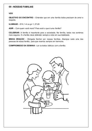 09 - NOSSAS FAMILIAS
VER
OBJETIVO DO ENCONTRO – Entender que em uma família todos precisam de amor e
respeito.
ILUMINAR – Ef 6, 1-4 ou gn 1, 27-28
AGIR – Com quem você mora? Para você o que é uma família?
CELEBRAR- A família é importante para a sociedade. Na família, todos nos sentimos
mais seguros. E a família deve defender sempre a vida em sua totalidade.
MINHA ORAÇÃO - Obrigada Senhor por nossas famílias. Abençoa cada uma das
pessoas de nossa família, para que vivamos sempre em harmonia.
COMPROMISSO DA SEMANA - Ler os textos bíblicos com a família.
 