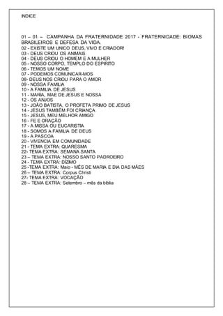 INDICE
01 – 01 – CAMPANHA DA FRATERNIDADE 2017 - FRATERNIDADE: BIOMAS
BRASILEIROS E DEFESA DA VIDA.
02 - EXISTE UM UNICO DEUS, VIVO E CRIADOR!
03 - DEUS CRIOU OS ANIMAIS
04 - DEUS CRIOU O HOMEM E A MULHER
05 - NOSSO CORPO, TEMPLO DO ESPIRITO
06 - TEMOS UM NOME
07 - PODEMOS COMUNICAR-MOS
08- DEUS NOS CRIOU PARA O AMOR
09 - NOSSA FAMILIA
10 - A FAMILIA DE JESUS
11 - MARIA, MAE DE JESUS E NOSSA
12 - OS ANJOS
13 - JOÃO BATISTA, O PROFETA PRIMO DE JESUS
14 - JESUS TAMBÉM FOI CRIANÇA
15 - JESUS, MEU MELHOR AMIGO
16 - FE E ORAÇÃO
17 - A MISSA OU EUCARISTIA
18 - SOMOS A FAMILIA DE DEUS
19 - A PASCOA
20 - VIVENCIA EM COMUNIDADE
21 - TEMA EXTRA: QUARESMA
22- TEMA EXTRA: SEMANA SANTA
23 – TEMA EXTRA: NOSSO SANTO PADROEIRO
24 - TEMA EXTRA: DÍZIMO
25 -TEMA EXTRA: Maio - MÊS DE MARIA E DIA DAS MÃES
26 – TEMA EXTRA: Corpus Christi
27- TEMA EXTRA: VOCAÇÃO
28 – TEMA EXTRA: Setembro – mês da bíblia
 