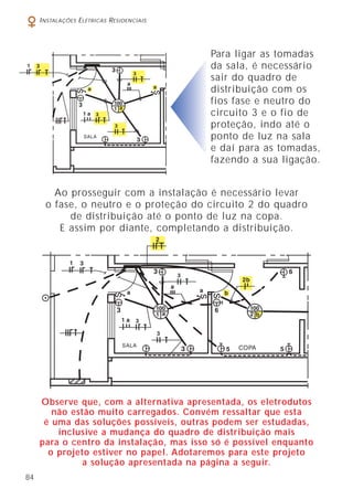 I NSTALAÇÕES E LÉTRICAS R ESIDENCIAIS

Para ligar as tomadas
da sala, é necessário
sair do quadro de
distribuição com os
fios fase e neutro do
circuito 3 e o fio de
proteção, indo até o
ponto de luz na sala
e daí para as tomadas,
fazendo a sua ligação.
Ao prosseguir com a instalação é necessário levar
o fase, o neutro e o proteção do circuito 2 do quadro
de distribuição até o ponto de luz na copa.
E assim por diante, completando a distribuição.

Observe que, com a alternativa apresentada, os eletrodutos
não estão muito carregados. Convém ressaltar que esta
é uma das soluções possíveis, outras podem ser estudadas,
inclusive a mudança do quadro de distribuição mais
para o centro da instalação, mas isso só é possível enquanto
o projeto estiver no papel. Adotaremos para este projeto
a solução apresentada na página a seguir.
84

 