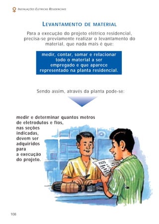 I NSTALAÇÕES E LÉTRICAS R ESIDENCIAIS

L EVANTAMENTO

DE MATERIAL

Para a execução do projeto elétrico residencial,
precisa-se previamente realizar o levantamento do
material, que nada mais é que:
medir, contar, somar e relacionar
todo o material a ser
empregado e que aparece
representado na planta residencial.

Sendo assim, através da planta pode-se:

medir e determinar quantos metros
de eletrodutos e fios,
nas seções
indicadas,
devem ser
adquiridos
para
a execução
do projeto.

108

 