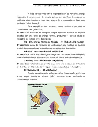 Apostila do CONCURSO/2008 – Prevenção e Combate a Incêndio



              A estes radicais livres cabe a responsabilidade de transferir a energia
necessária à transformação da energia química em calorífica, decompondo as
moléculas ainda intactas e, desta vez, provocando a propagação do fogo numa
verdadeira cadeia de reação.
              Para exemplificar este processo, vamos analisar o processo de
combustão do Hidrogênio no ar:
1ª fase: Duas moléculas de hidrogênio reagem com uma molécula de oxigênio,
ativadas por uma fonte de energia térmica, produzindo 4 radicais ativos de
hidrogênio e 2 radicais ativos de oxigênio;
        2H2 + O2 + Energia Térmica de Ativação → 4H (Radical) + 2O (Radical)
2ª fase: Cada radical de hidrogênio se combina com uma molécula de oxigênio,
produzindo um radical ativo de oxidrila mais um radical ativo de oxigênio;
        H (Radical) + O2 → OH (Radical) + O (Radical)
3ª fase: Cada radical ativo de oxigênio reage com uma molécula de hidrogênio,
produzindo outro radical ativo de oxidrila mais outro radical ativo de hidrogênio; e
        O (Radical) + H2 → OH (Radical) + H (Radical)
4ª fase: Cada radical ativo de oxidrila reage com uma molécula de hidrogênio,
produzindo o produto final estável – água e mais um radical ativo de hidrogênio.
        OH (Radical) + H2 → H2O + H (Radical)
              E assim sucessivamente, se forma a cadeia de combustão, produzindo
a sua própria energia de ativação (calor), enquanto houver suprimento de
combustível (hidrogênio).




                                                                                       11
 