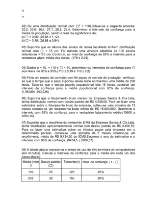 35
35
02) De uma distribuição normal com 2 = 1,96,obteve-se a seguinte amostra:
25,2; 26,0: 26,4; 27,1; 28,2; 28,4. Determinar o intervalo de confiança para a
média da população, sendo o nível de significância de:
a) = 0,05; (26,88 ± 1,12)
b) = 0,10; (26,88 ± 0,94)
03) Suponha que as alturas dos alunos de nossa faculdade tenham distribuição
normal com = 15 cm. Foi retirada uma amostra aleatória de 100 alunos
obtendo-se =175 cm. Construir, ao nível de confiança de 95% o intervalo para a
verdadeira altura média dos alunos. (175 ± 2,94)
04) Dados n = 10, = 110 e = 10, determinar os intervalos de confiança para
aos níveis de 90% e 95%.(110 ± 5,19 e 110 ± 6,2)
05) Feito um ensaio de corrosão com 64 peças de um lote de produção, verificou-
se que o tempo que a peça suportou nesse teste apresentou uma média de 200
horas. Sabe-se que o desvio padrão populacional vale 16 horas, construir um
intervalo de confiança para a média populacional com 95% de confiança.
(1,96,08h; 203,92h)
06) Suponha que o faturamento bruto mensal da Empresa Santos & Cia Ltda,
tenha distribuição normal com desvio padrão de R$ 4.949.00. Para se fazer uma
estimativa sobre o faturamento bruto da empresa, colheu-se uma amostra de 12
meses obtendo-se um faturamento bruto médio de R$ 15.600.000. Determine o
intervalo com 95% de confiança para o verdadeiro faturamento médio.(15600 ±
2800,16)
07) Suponha que o recolhimento mensal de ICMS da Empresa Santos & Cia Ltda,
tenha distribuição aproximadamente normal com desvio padrão de R$ 3.406,70.
Para se fazer uma estimativa sobre os tributos pagos pela empresa em u
determinado período, colheu-se uma amostra de 8 meses obtendo-se um
recolhimento médio de R$ 9.434,50 de ICMS.Encontre o erro da estimativa e o
intervalo com 98% de confiança. (9434,5 ± 2806,37)
08) A tabela abaixo representa o tempo de uso de três terminais de computadores
(em minutos). Calcule o intervalo de confiança para a média em cada um dos
casos abaixo:
Média (min)
()
Desvio padrão
( )
Tamanho(n) Nível de confiança ( 1 - )
165 20 120 95%
205 30 150 90%
 