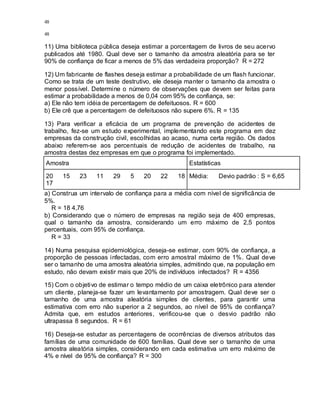 48
48
11) Uma biblioteca pública deseja estimar a porcentagem de livros de seu acervo
publicados até 1980. Qual deve ser o tamanho da amostra aleatória para se ter
90% de confiança de ficar a menos de 5% das verdadeira proporção? R = 272
12) Um fabricante de flashes deseja estimar a probabilidade de um flash funcionar.
Como se trata de um teste destrutivo, ele deseja manter o tamanho da amostra o
menor possível. Determine o número de observações que devem ser feitas para
estimar a probabilidade a menos de 0,04 com 95% de confiança, se:
a) Ele não tem idéia de percentagem de defeituosos. R = 600
b) Ele crê que a percentagem de defeituosos não supere 6%. R = 135
13) Para verificar a eficácia de um programa de prevenção de acidentes de
trabalho, fez-se um estudo experimental, implementando este programa em dez
empresas da construção civil, escolhidas ao acaso, numa certa região. Os dados
abaixo referem-se aos percentuais de redução de acidentes de trabalho, na
amostra destas dez empresas em que o programa foi implementado.
Amostra Estatísticas
20 15 23 11 29 5 20 22 18
17
Média: Devio padrão : S = 6,65
a) Construa um intervalo de confiança para a média com nível de significância de
5%.
R = 18 4,76
b) Considerando que o número de empresas na região seja de 400 empresas,
qual o tamanho da amostra, considerando um erro máximo de 2,5 pontos
percentuais, com 95% de confiança.
R = 33
14) Numa pesquisa epidemiológica, deseja-se estimar, com 90% de confiança, a
proporção de pessoas infectadas, com erro amostral máximo de 1%. Qual deve
ser o tamanho de uma amostra aleatória simples, admitindo que, na população em
estudo, não devam existir mais que 20% de indivíduos infectados? R = 4356
15) Com o objetivo de estimar o tempo médio de um caixa eletrônico para atender
um cliente, planeja-se fazer um levantamento por amostragem. Qual deve ser o
tamanho de uma amostra aleatória simples de clientes, para garantir uma
estimativa com erro não superior a 2 segundos, ao nível de 95% de confiança?
Admita que, em estudos anteriores, verificou-se que o desvio padrão não
ultrapassa 8 segundos. R = 61
16) Deseja-se estudar as percentagens de ocorrências de diversos atributos das
famílias de uma comunidade de 600 famílias. Qual deve ser o tamanho de uma
amostra aleatória simples, considerando em cada estimativa um erro máximo de
4% e nível de 95% de confiança? R = 300
 