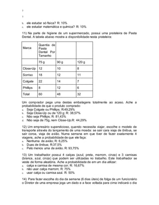 7
7
b. ele estudar só física? R: 10%
c. ele estudar matemática e química? R: 10%
11) Na parte de higiene de um supermercado, possui uma prateleira de Pasta
Dental. A tabela abaixo mostra a disponibilidade nesta prateleira:
Marca
Quantia de
Pasta
Dental Por
Tamanho
75 g 90 g 120 g
Close-Up 12 10 8
Sorriso 18 12 11
Colgate 22 14 7
Phillips 8 12 6
Total 60 48 32
Um comprador pega uma destas embalagens totalmente ao acaso. Ache a
probabilidade de que o produto comprado:
a. Seja Colgate ou Phillips; R:49,29%
b. Seja Close-Up ou de 120 g; R: 38,57%
c. Não seja Phillips; R: 81,43%
d. Não seja de 75g, nem Close-Up.R: 44,29%
12) Um empresário supersticioso, quando necessita viajar, escolhe o modelo de
transporte através do lançamento de uma moeda: se sair cara viaja de ônibus, se
sair coroa, viaja de avião. Numa semana em que tiver de fazer exatamente 4
viagens, ache a probabilidade de que ele faça:
a. Nenhuma de avião; R: 6,25%
b. Duas de ônibus; R:37,5%
c. Pelo menos uma de avião. R: 93,75%
13) Um trabalhador possui 4 calças (azul, preta, marrom, cinza) e 3 camisas
(branca, azul, cinza) que podem ser utilizadas no trabalho. Este trabalhador se
veste de forma aleatória. Ache a probabilidade de em um dia utilizar:
a. calça e camisa de mesma cor; R: 16,67%
b. não usar calça marrom; R: 75%
c. usar calça ou camisa azul. R: 50%
14) Para fazer escolha do dia da semana (6 dias úteis) de folga de um funcionário
o Diretor de uma empresa joga um dado e a face voltada para cima indicará o dia
 